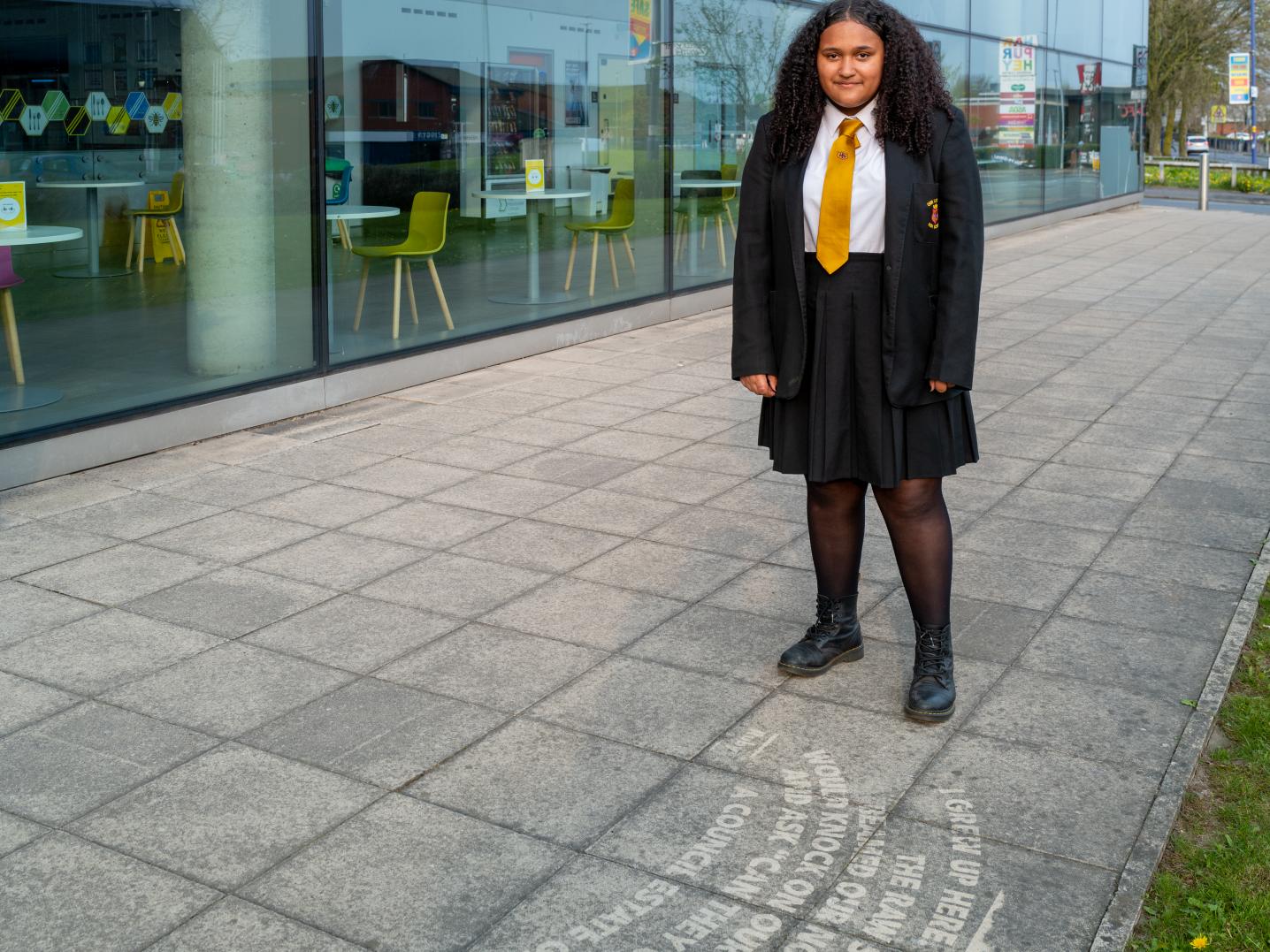 girl, street, building