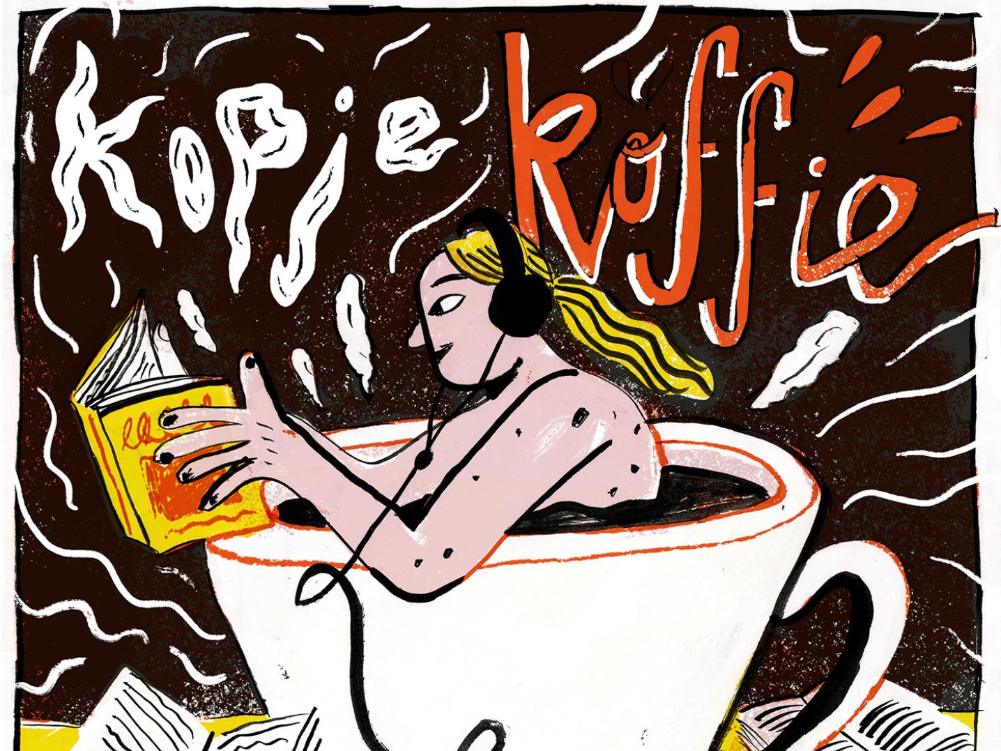 an illustration in balck, red and yellow of a woman sitting in a cup of coffee as if in a bathtub, reading a book and listening to a podcast on her headphones