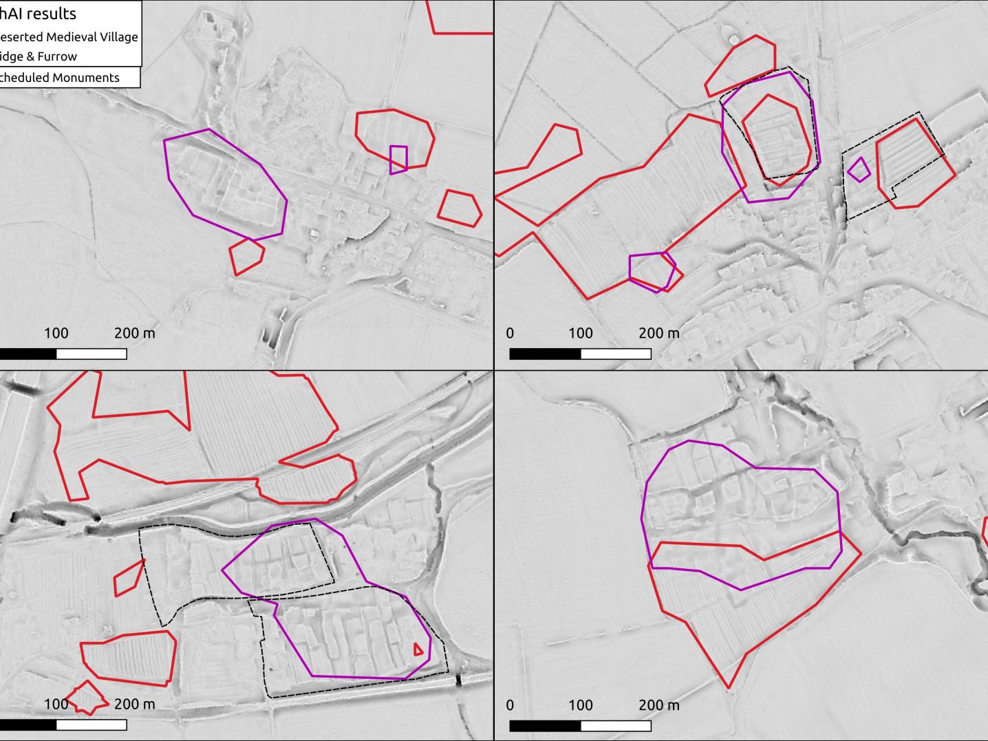 A LiDAR image showing image segmentation results of ridge and furrow earthworks (Medieval ploughing remains) and Deserted Medieval Villages in England. 