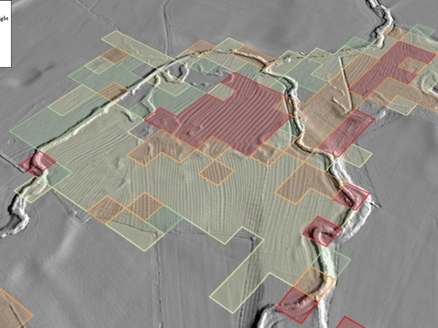 A LiDAR image showing image segmentation results of ridge and furrow earthworks (Medieval ploughing remains) in Northumberland, England.