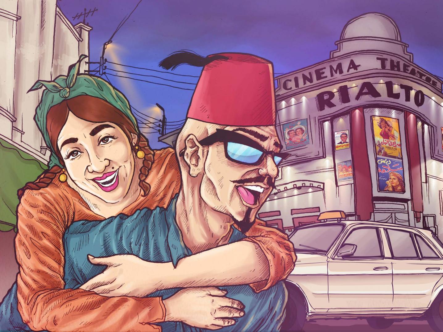 An illustration of a man wearing a fez and sunglasses while a woman has wrapped her arms around him from behind