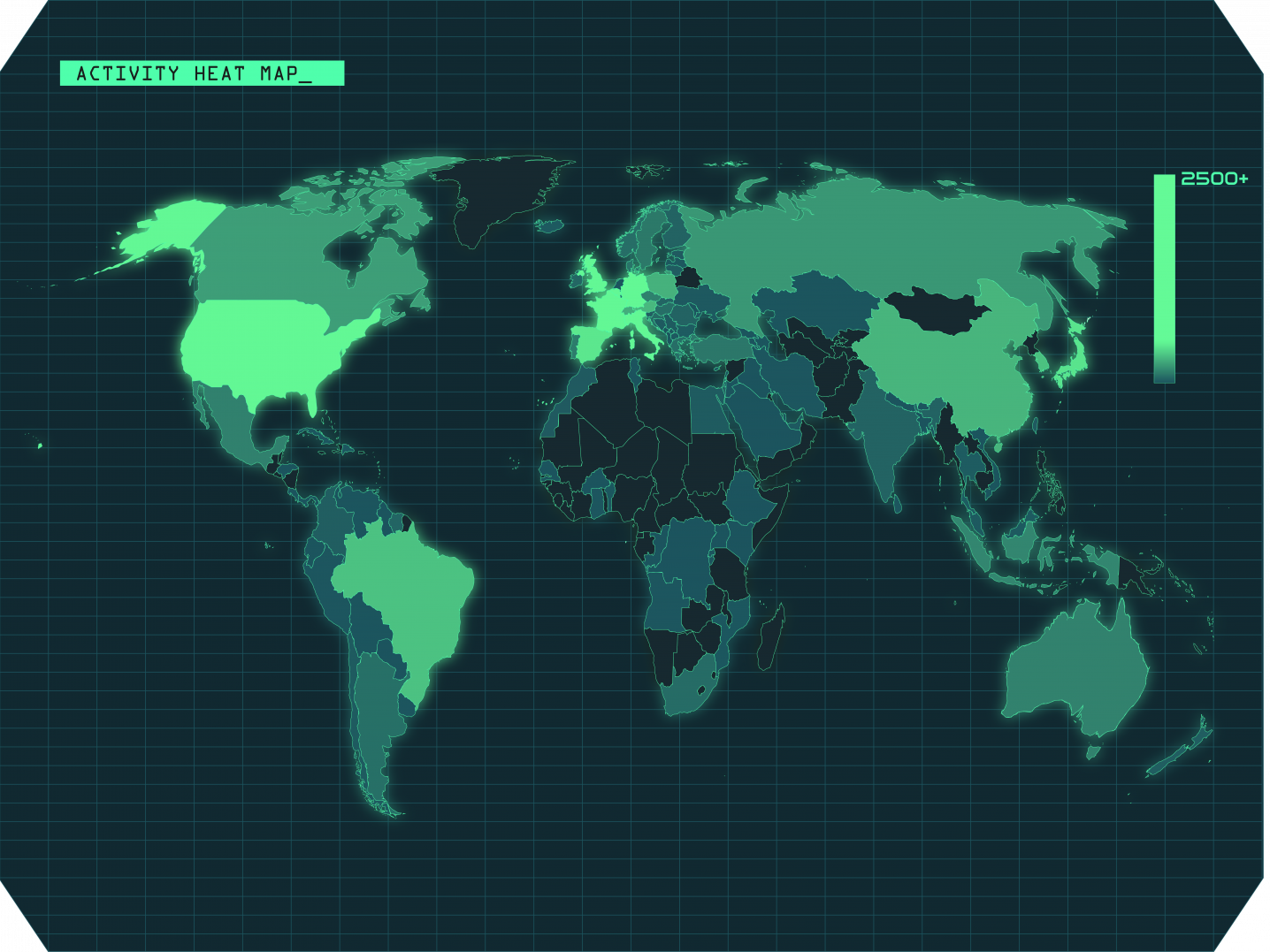 A heat map of the world shows where the most activities have taken place.