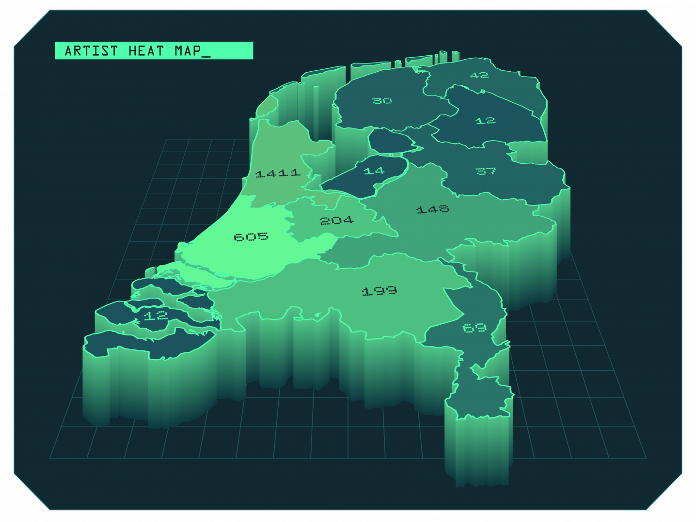 Map of the Dutch provinces showing the number of active artists per province.