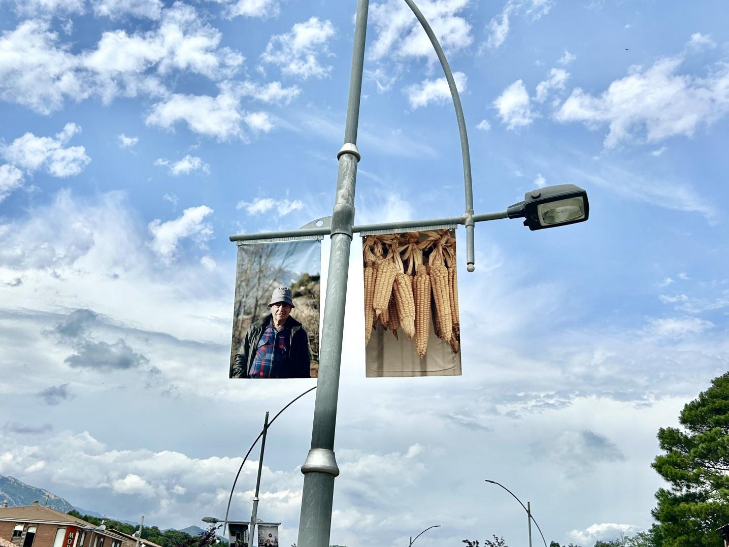Lampost with photography artworks of a farmer and dried corn cobs