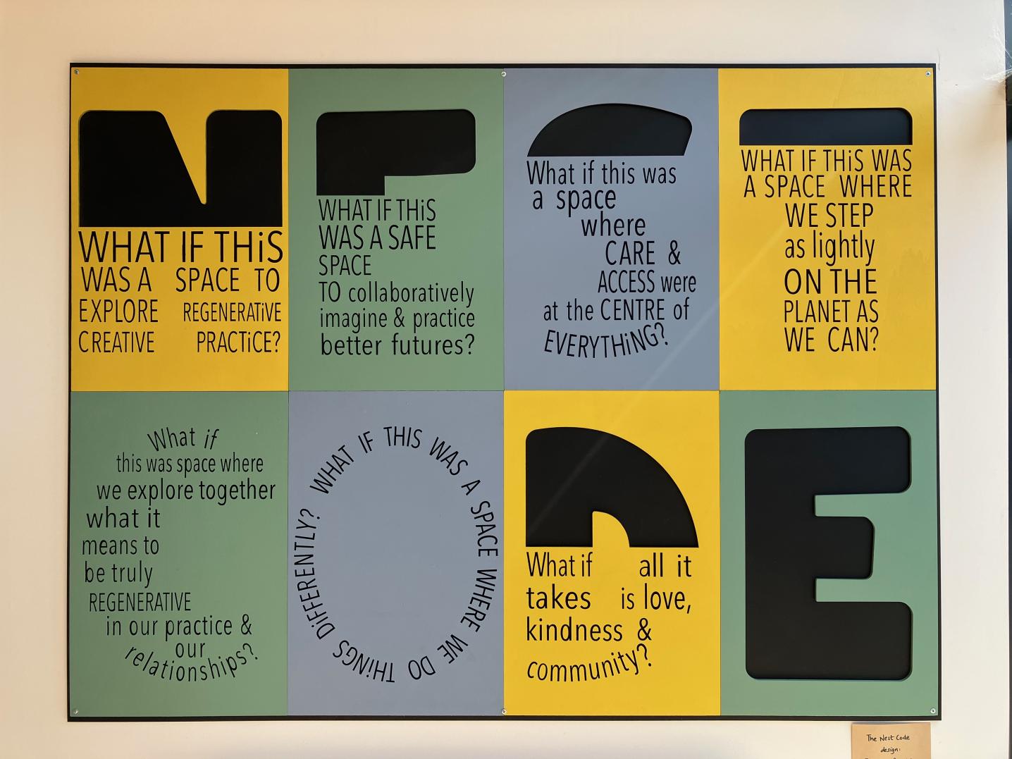 a yellow blue and green poster with a set of texts and questions