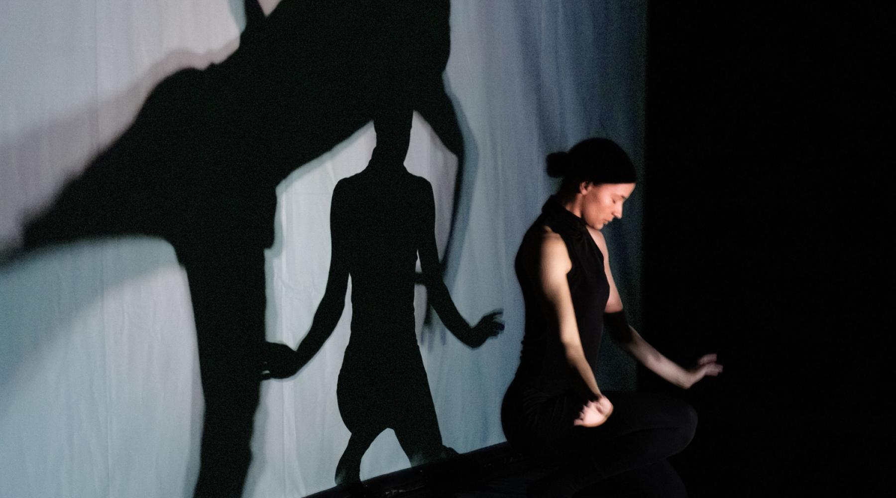 performance danser en twee schaduwen op muur