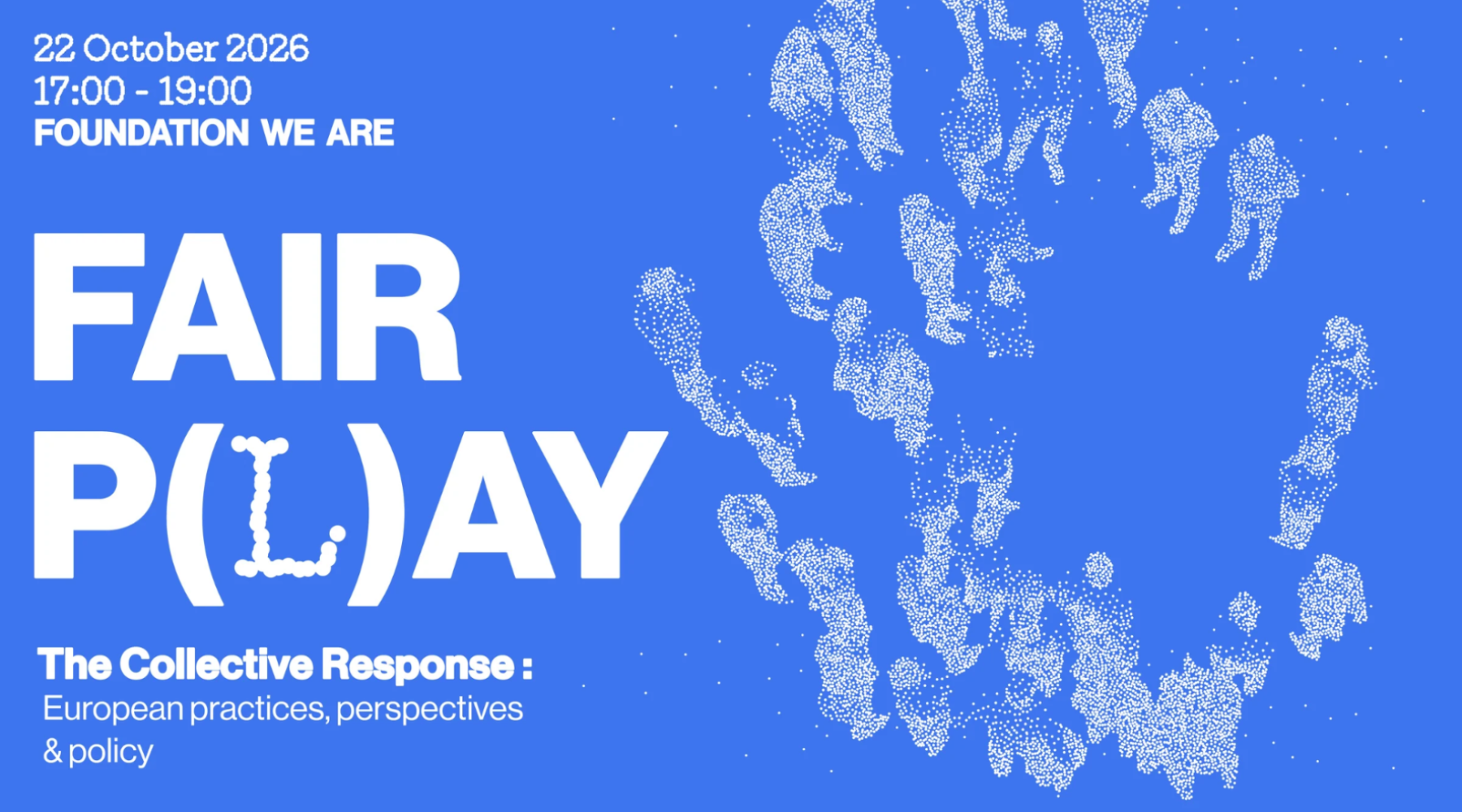 white text on a blue banner with abstract group of people