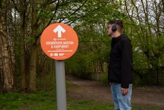 man, woods, trees, orange sign