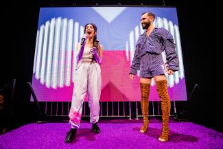 Thomas Neuwirth (Conchita Wurst) hands out a Music Moves Europe Talent Award to Dutch singer NAAZ at Eurosonic Noorderslag 2020. Photo: Ben Houdijk