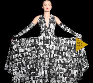 “1280” (2022), dress made in cooperation with RISK made in Warsaw, based on the Infinity Dress model. The woven pattern is consisting portraits of 1280 political prisoners of the Lukashenko regime;