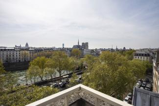 view from a balcony over the city of Paris, with trees the Seine river and its old buildings on the riverside
