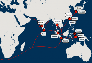 A drawn map of the Dutch Trading Post Heritage Network connecting south east asian regions together with red lines 