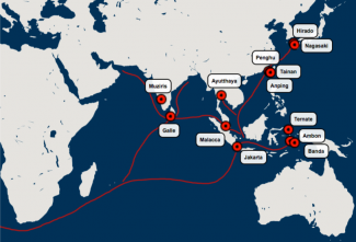 A drawn map of the Dutch Trading Post Heritage Network connecting south east asian regions together with red lines
