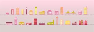 Brightly coloured buildings icons sit in a row, indicating a city.