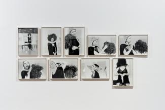 9 black and white photographs of a woman hanging on a white wall