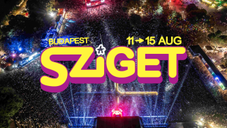 a poster with yellow and purple letters reading sziget, with a illuminated stage in the background