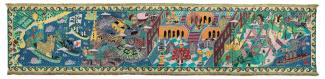 Woven tapestry ‘The cat, the herring, and more tall tales from the Neva’ (170x750cm) produced at the TextielMuseum/TextielLab by Dutch designer Koen Taselaar. Photo: Tommy de Lange