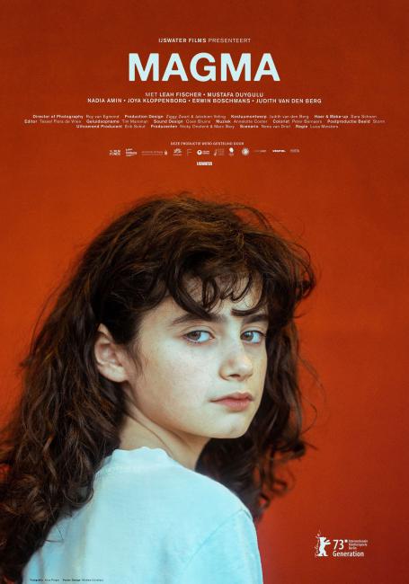Filmposter with a dark haired girl looking over her shoulder, title Magma