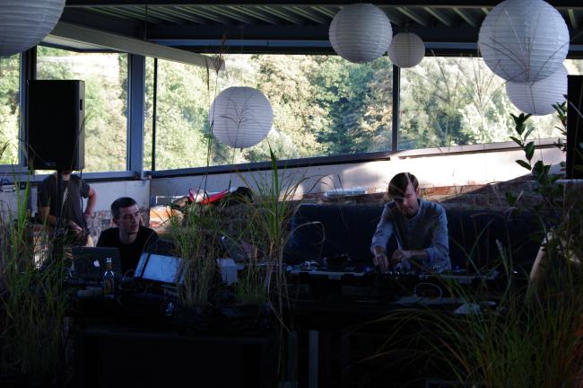 people with laptop sitting in a large space with large glass windows and plants
