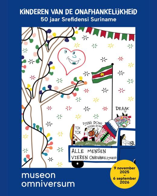 Exhibition poster with a children drawing of a tree with coloured lights, coloured stars and the surinamese nation flag