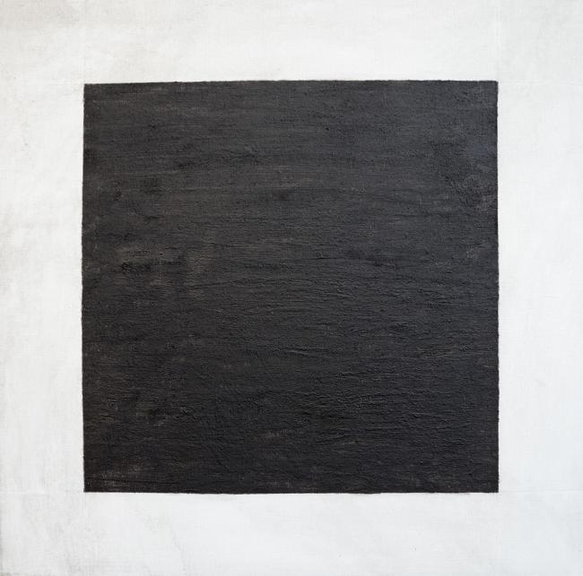A dark, nearly monochrome square painting with a rough, textured surface. 
