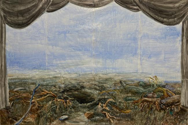The painting shows a devastated landscape under a pale sky, framed at the top and sides by dark curtainllike forms. In the foreground tangled roots and debris surround a dark crater. The scene feels theatrical and war-torn. 
