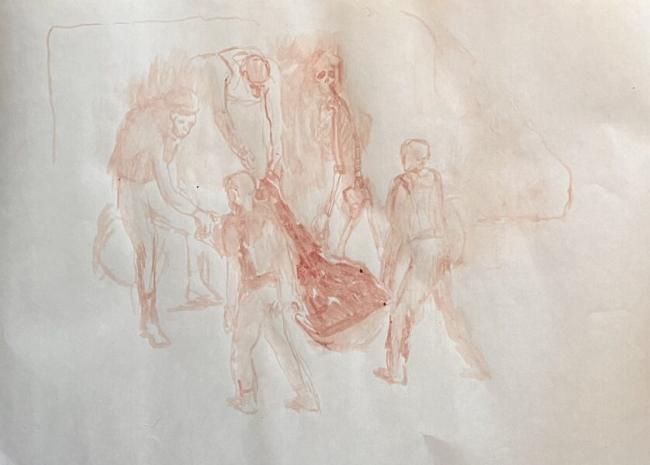 A drawing painted by blood shows human figures standing together in a dreamlike space. In the center an organic form resembling an organ or flesh contrasts with the otherwise muted colours. 