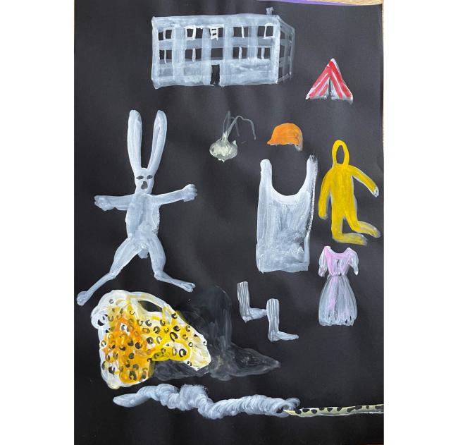 A dark background artwork shows a scattered collection of painted objects arranged like fragments. A simple grey building at the top, with broken windows. A white rabbit figure, a yellow human silhouette in a suit-like shape, a whicte tanktop , a dress, a pair of legs, and small objects including a jellyfish-like shape form and a striped triangular shape. The composition feels disjointed and symbolic, with items floating separately against the black background. 