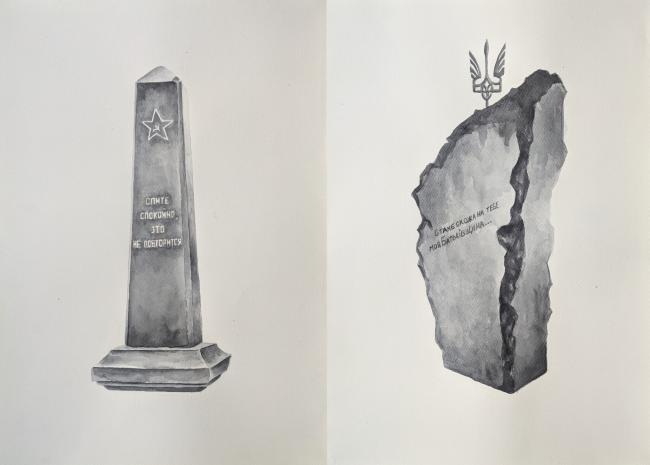 A dyptich shows two monument-like stone forms on a light background. The left is a tall narrow memorial pillar with a star symbol at the top and Russian text engraved vertically. The right one is a broken, irregular stone slap split by a deep crack, with Ukrainian text written across it and a trident symbol (Ukraine's coat of arms) above it. 