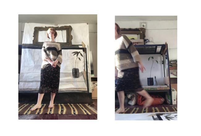 A dyptich-style image shows the same indoor scene in two moments. On the left a woman stands on a striped rug, behind her is a white fabric, a black shelving unit, a framed mirror and a small potted plant. On the right the same woman is capture in a motion walking past the scene, her body sligtly blurred. 