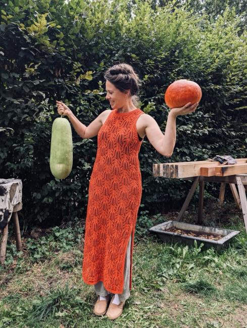lady with winter melon and pumkpin