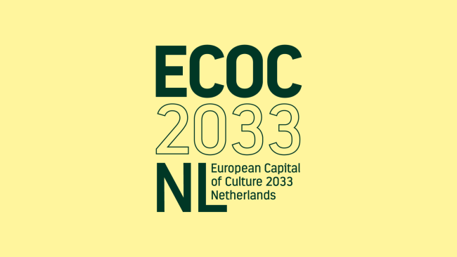 black and white letters on a yellow background reading ECOC 2033, European Capital of Culture Netherlands