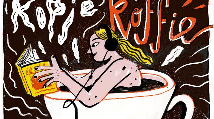 an illustration in balck, red and yellow of a woman sitting in a cup of coffee as if in a bathtub, reading a book and listening to a podcast on her headphones