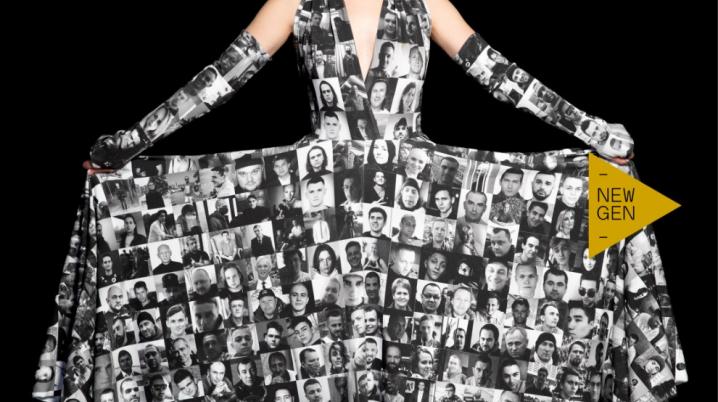 “1280” (2022), dress made in cooperation with RISK made in Warsaw, based on the Infinity Dress model. The woven pattern is consisting portraits of 1280 political prisoners of the Lukashenko regime;