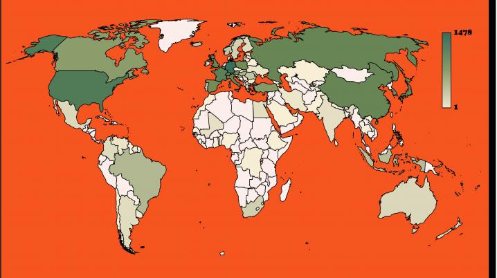 World map showing countries with most Dutch cultural activities in 2021. Image: DutchCulture/Erin Chang