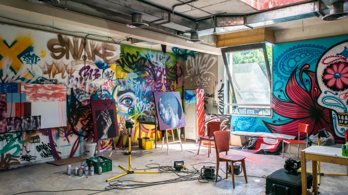 Art studio with wall graffiti