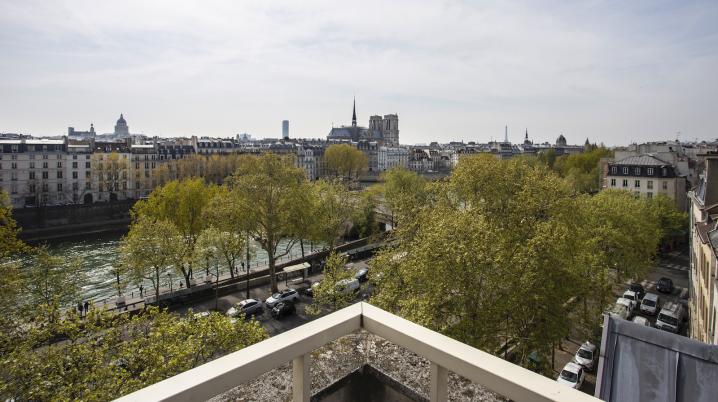 view from a balcony over the city of Paris, with trees the Seine river and its old buildings on the riverside