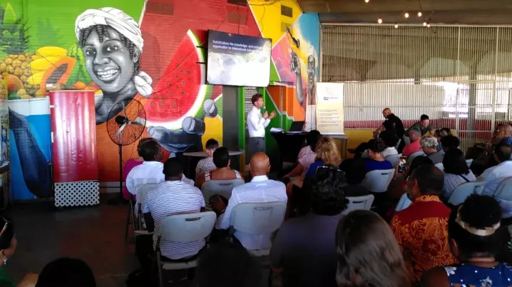 audience looks at creative europe presentation in colourfol outdoor space in Curaçao