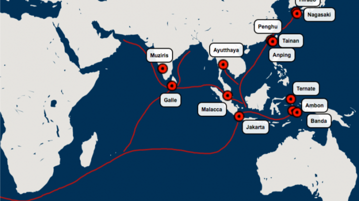 A drawn map of the Dutch Trading Post Heritage Network connecting south east asian regions together with red lines