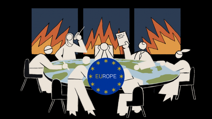 an illustration of people sitting around a world-shaped table discussing while flames appear behind the windows in the background