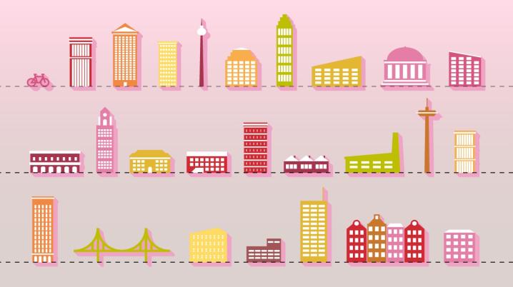 Three rows of colourful building icons, representing a city, over a pink background.