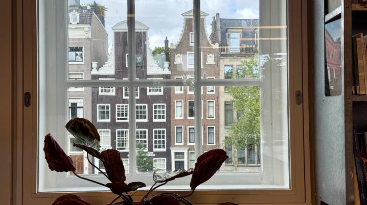 A plant pot in front of DutchCulture's office window, looking at the view of Nieuwe Herengracht from inside.