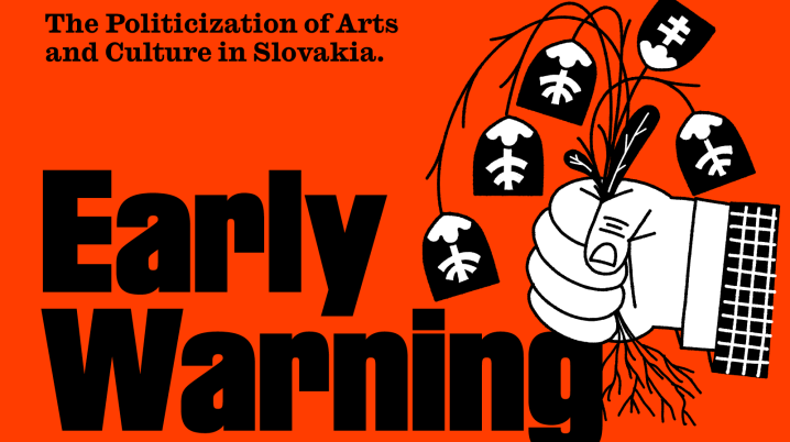 A drawing in red and black of a hand holding Slovakian flags looking like withered flowers 