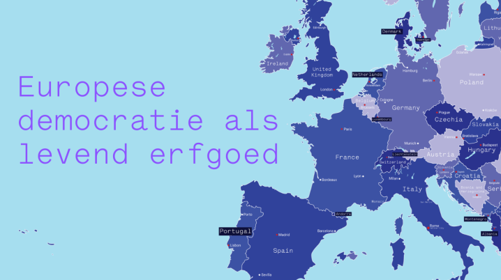 Map of Europe in shades of blue, European democracy as Living Heritage