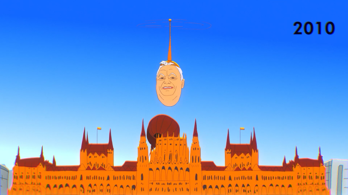 An illustrated image shows Viktor Orban's face floating above the Hungarian Parliament building against a bright blue background. 