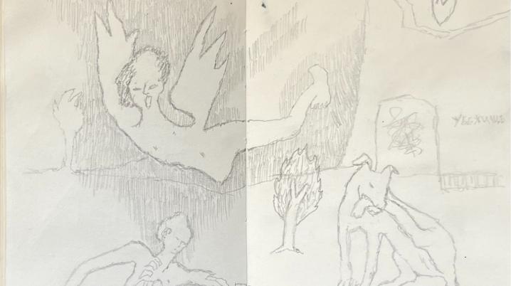 A pencil sketch on folded paper shows a surreal scene in a sparse landscape. At the center, a winged human figure with arms outstretched floats or falls in front of tall tree-like forms. Below, another human figure lies or reaches across the ground, while on the right a dog-like animal sits facing left. Faint gravestone-like shapes and lightly written notes appear in the background. The drawing is rough and unfinished, with soft lines and visible creases across the page.