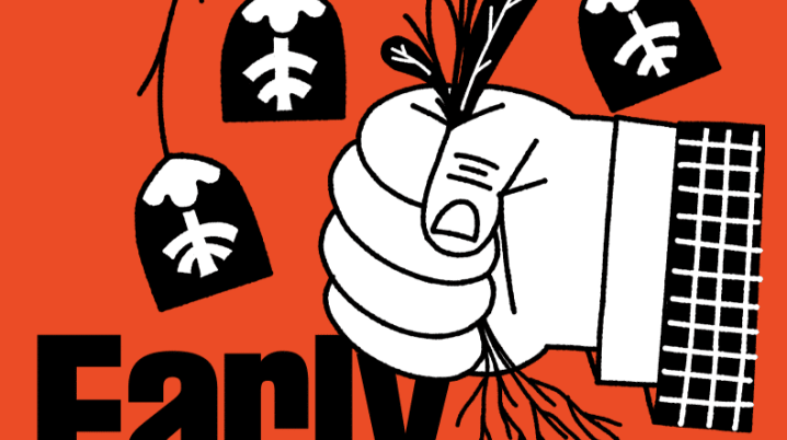 Red poster with a hand uprooting a plant bearing Slovak coat-of-arms flowers, alongside the text: Early Warning. 
